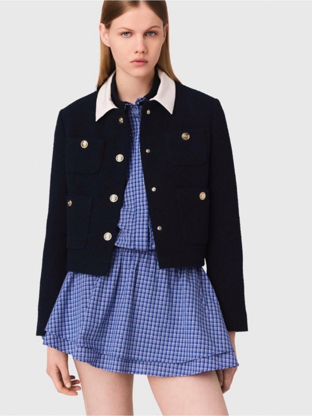Maje VONDINE Navy Cropped Jacket with White Contrast Collar SIZE 38 M
